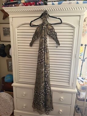 BCBGMaxAzria Black and Gold Patterned Halter Dress
